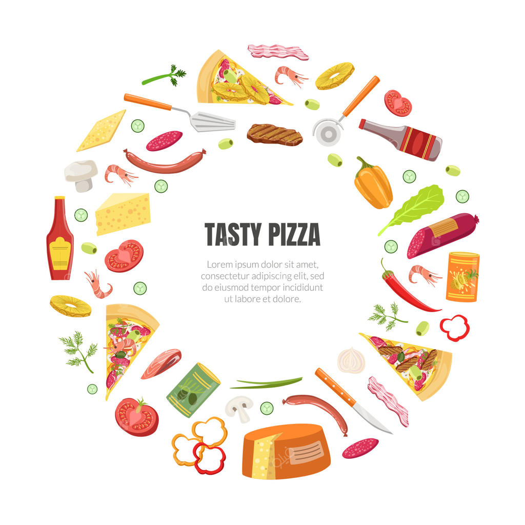 قالب بنر پیتزا خوشمزه با مواد پخت و قاب دایره‌ای شکل و فضای متنی برای توضیحات