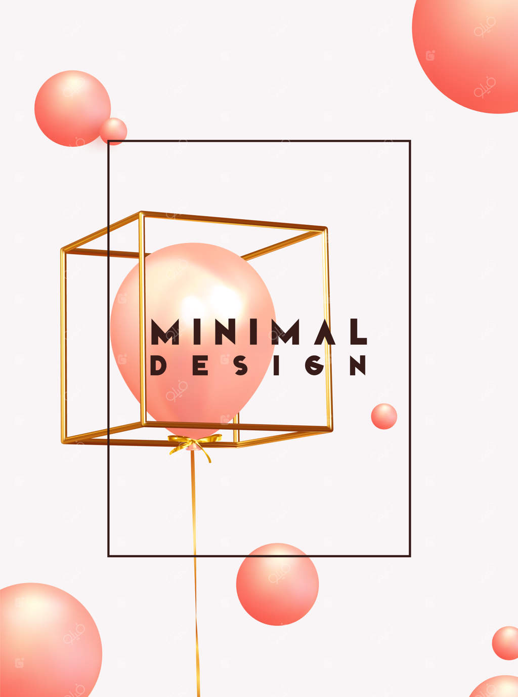 پس‌زمینه طراحی مینیمال با اشیاء سه‌بعدی واقعی در اشکال مختلف: کره کرال، توپ گرد صورتی و بادکنک‌های رنگ رز. تصویرسازی وکتور