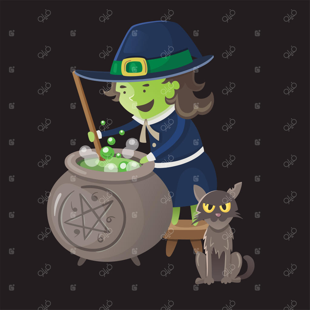 دختر جادوگر با لباس سنتی، مشغول جوشاندن مایع سبز در دیگ، گربه کنار او نشسته - تصویر برداری هالووین