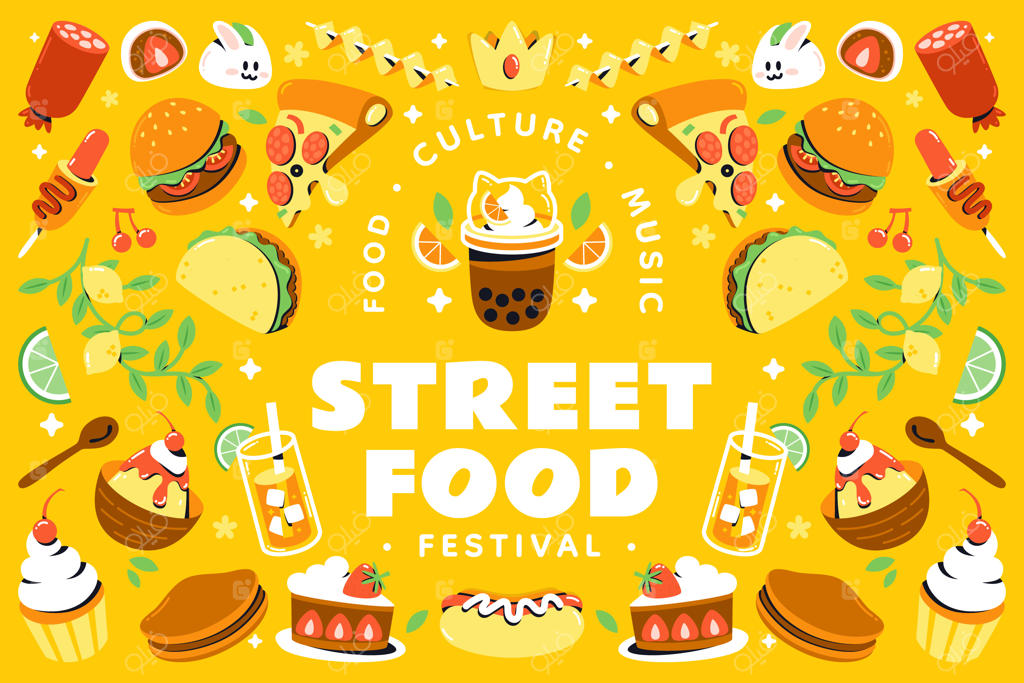 تصویرسازی جشنواره غذا به سبک طراحی تخت