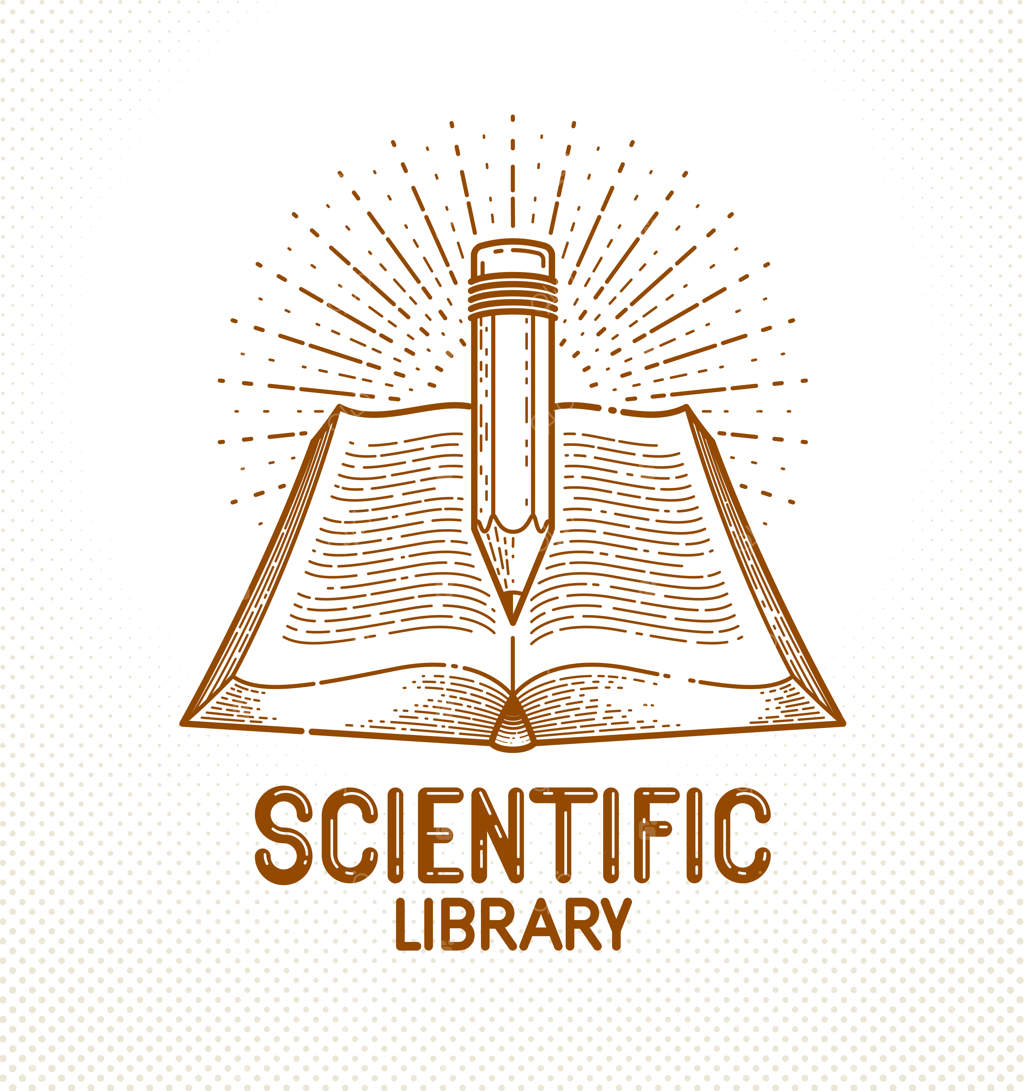 کتاب قدیمی و مداد - نمادی برای آموزش و دانش علمی، لوگو یا نشان برای کتابخانه ادبیات آموزشی و علمی.