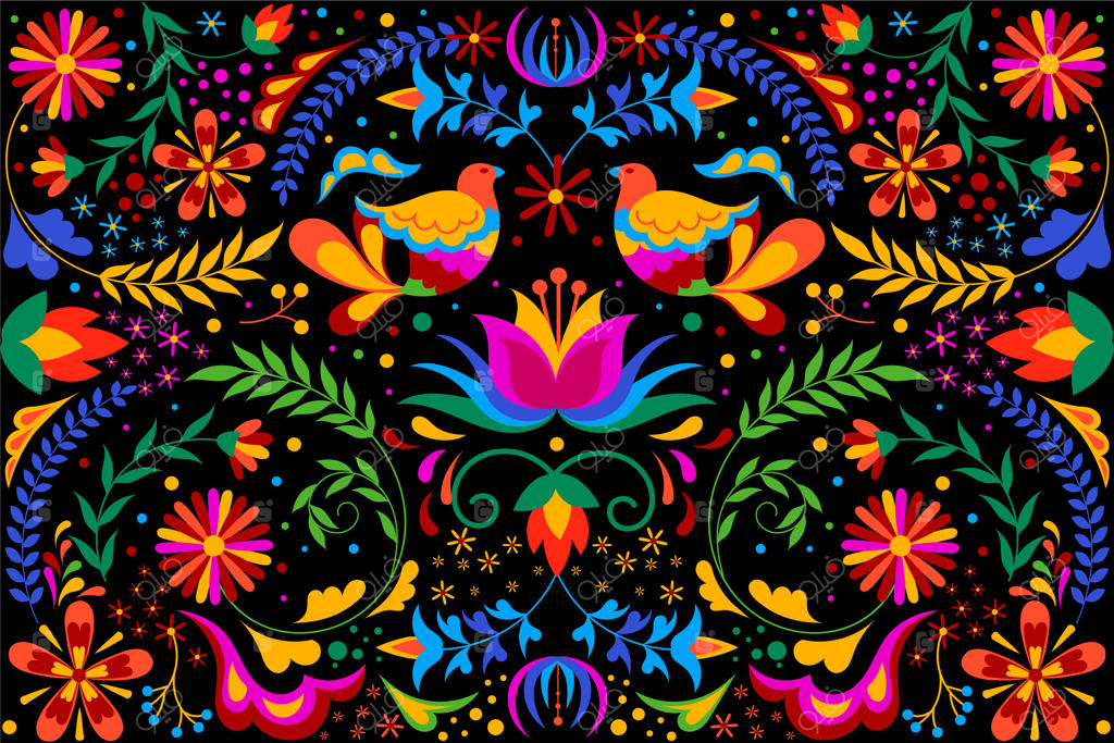 پس‌زمینه رنگارنگ مکزیکی با گل و پرنده