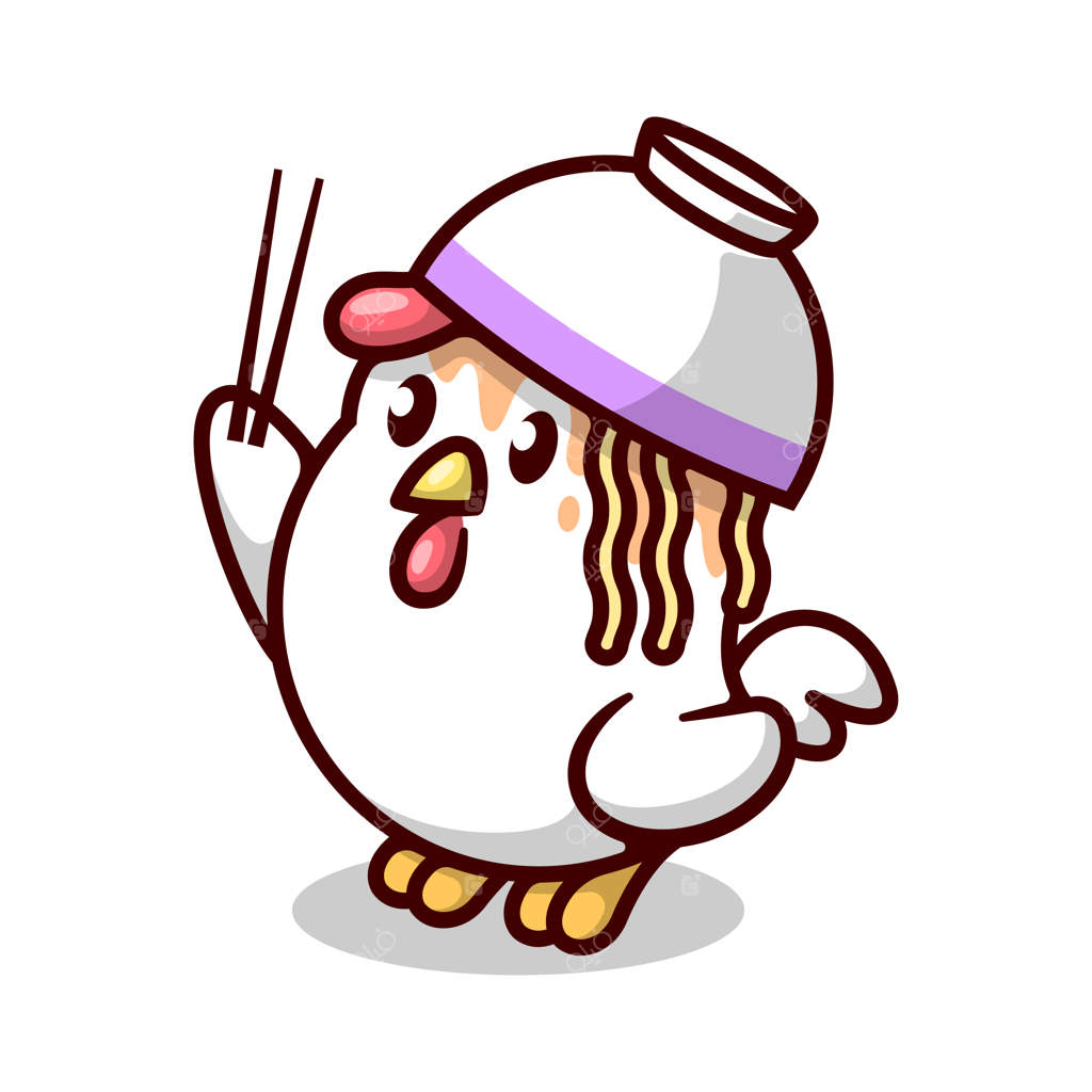 مرغ بامزه با کاسه‌ای از نودل روی سر و چاپستیک در دست - کارتون با کیفیت بالا