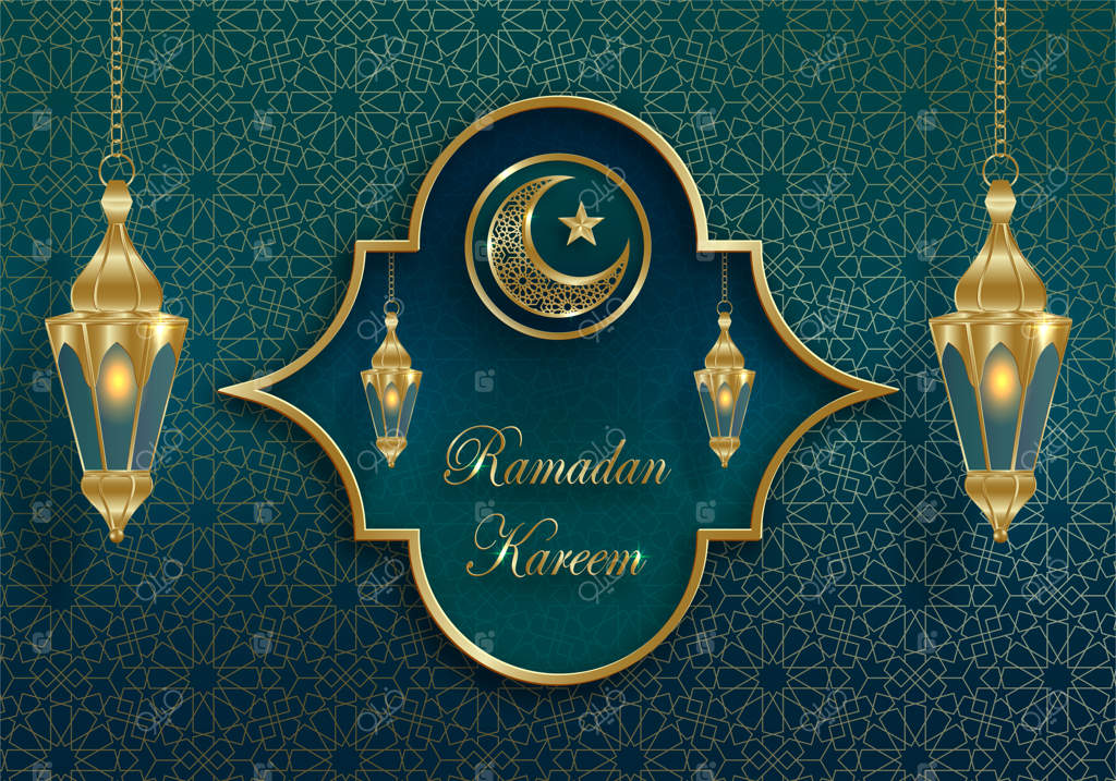 طراحی رمضان کریم بر روی زمینه اسلامی با الگوی طلایی روی پس‌زمینه کاغذی