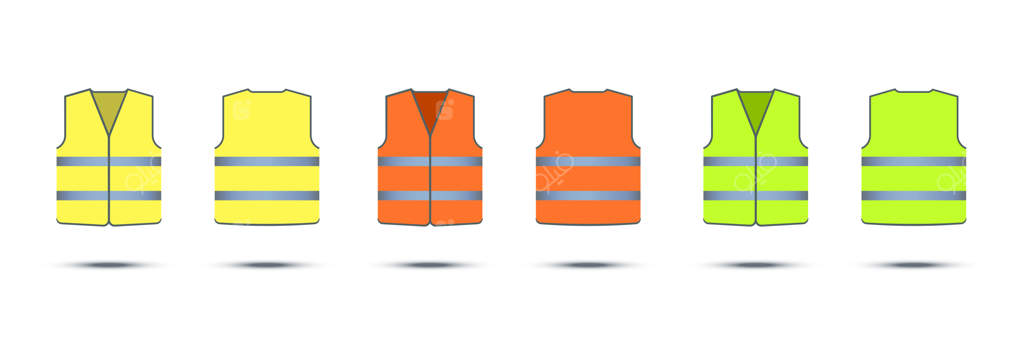 جلیقه‌های ایمنی زرد، نارنجی و سبز با نوارهای انعکاسی روی زمینه سفید - تصاویر جلویی و پشتی فرم کار