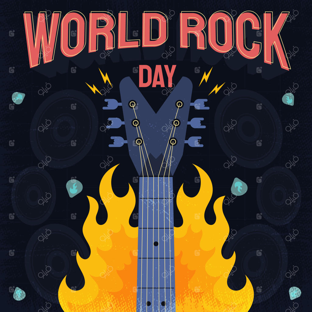 تصویر روز جهانی راک با گیتار در آتش