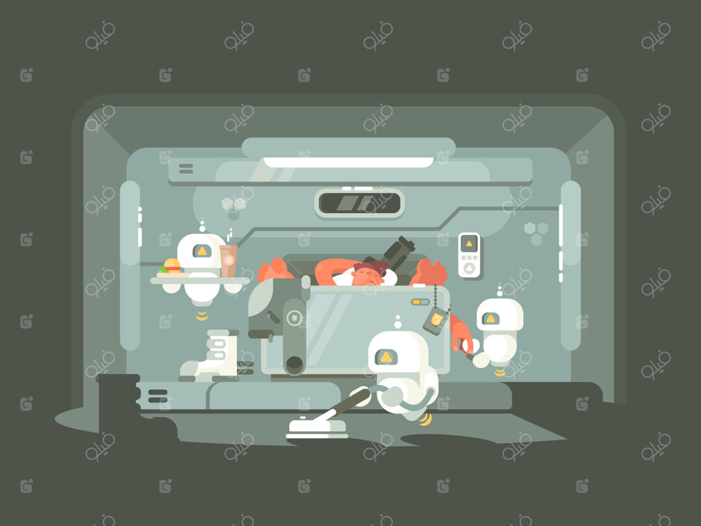 زمان آینده، روبات‌ها در حال کار، شخصی در تخت دراز کشیده. تصویر برداری وکتور