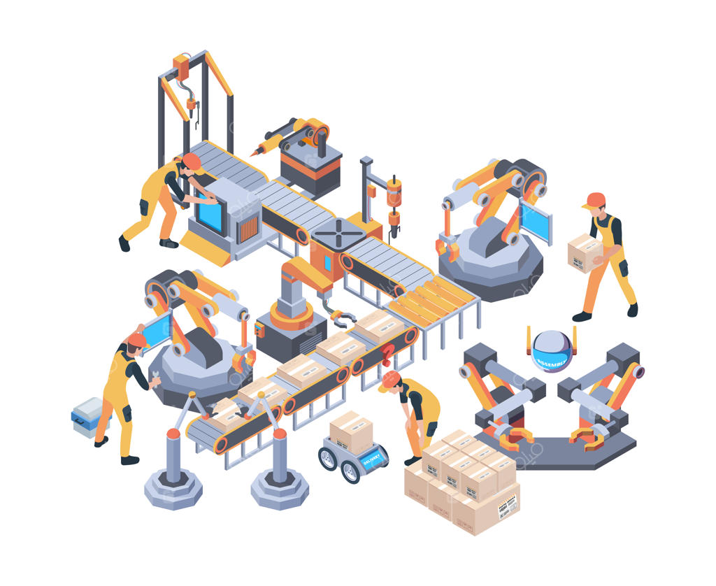 نوار نقاله: ماشین‌آلات بسته‌بندی و چرخ دنده‌های صنعتی در خط تولید کارخانه ایزومتریک.  نوار نقاله و تصویرسازی چرخ‌دنده‌های تولید.