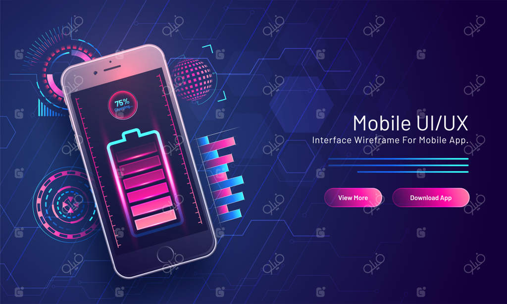 شارژ ۷۵ درصدی باتری در گوشی هوشمند ایزومتریک بر روی مدار پیشرفته برای صفحه فرود UI/UX موبایل.