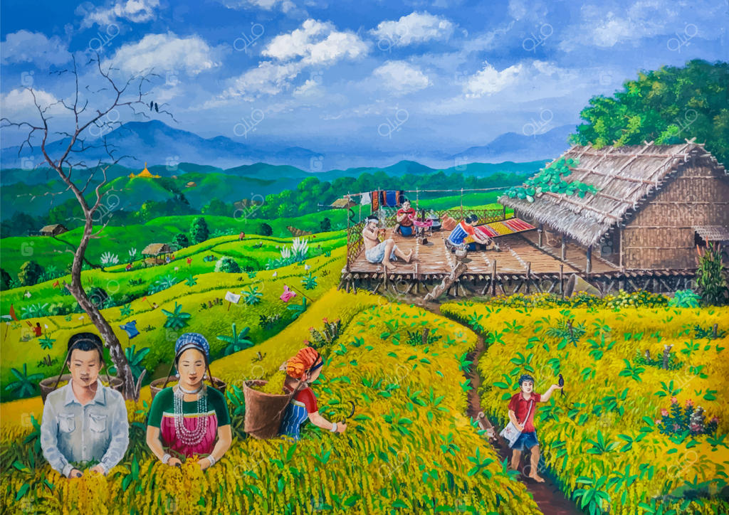 نقاشی آبرنگ دستی: منظره طبیعت، دشت وسیع در جنگل انبوه کوهستانی - تصویری زیبا