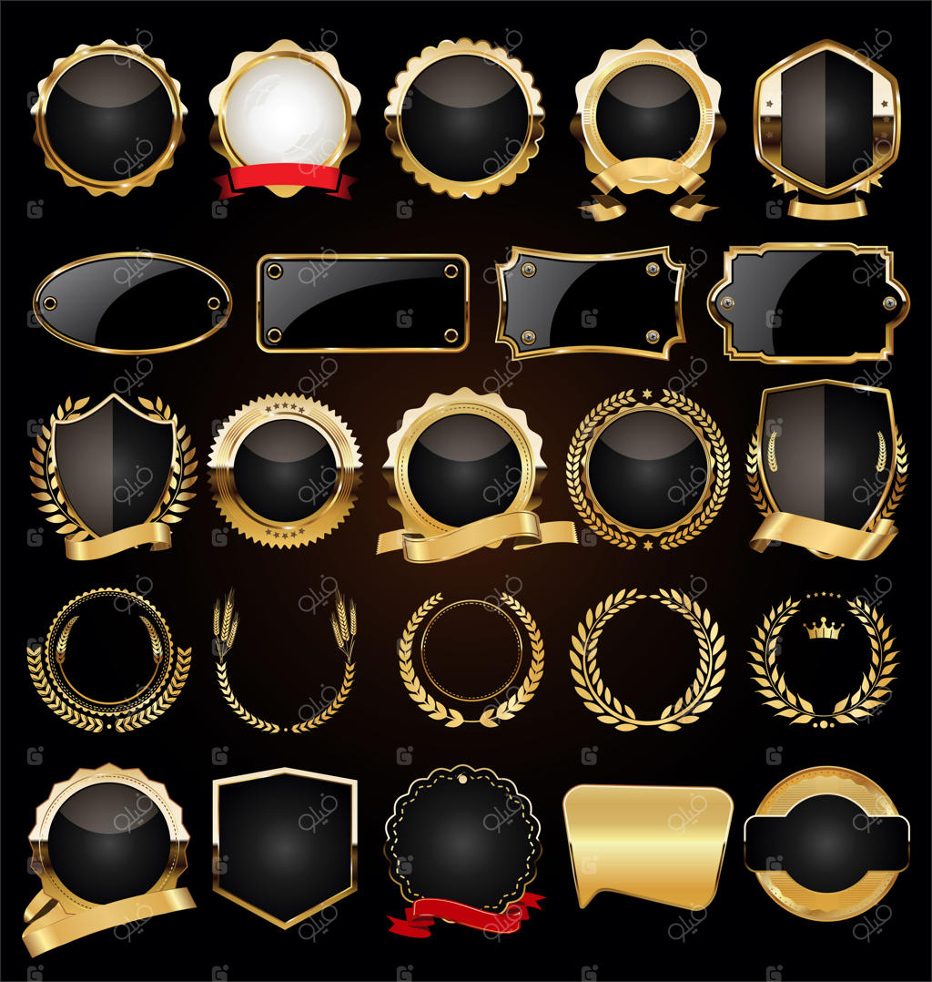 مجموعه تاج‌های گل‌ طلایی و برچسب‌های کلاسیک قدیمی