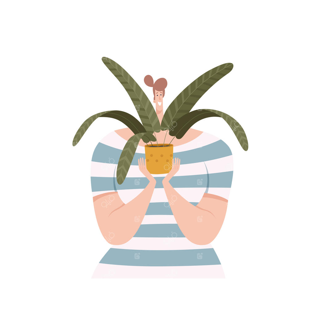 زن شادی که گیاهی در دست دارد. بر روی زمینه‌ سفید.