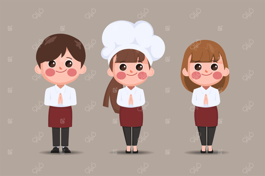 آشپز و سرآشپز کارتونی بامزه، با لباس دانشگاه، به سبک ناماسته سلام می‌دهند.