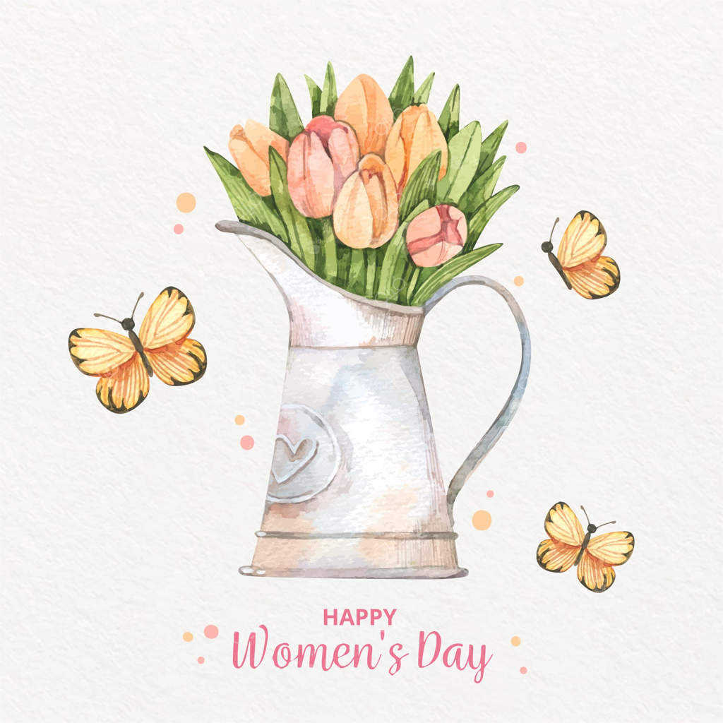 آبرنگ روز جهانی زن: گلدان و پروانه‌ها