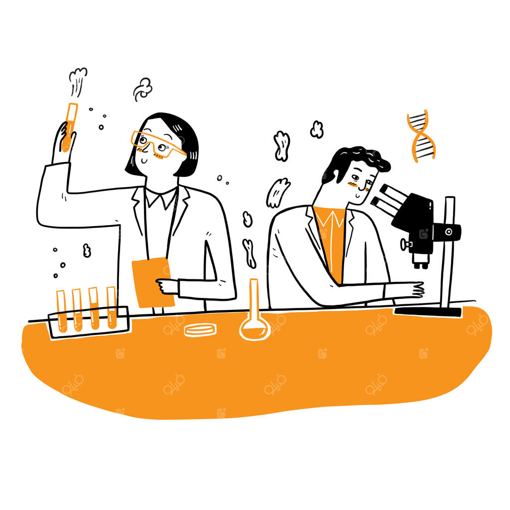 افراد با لباس سفید، پژوهشگران شیمی با تجهیزات آزمایشگاهی.