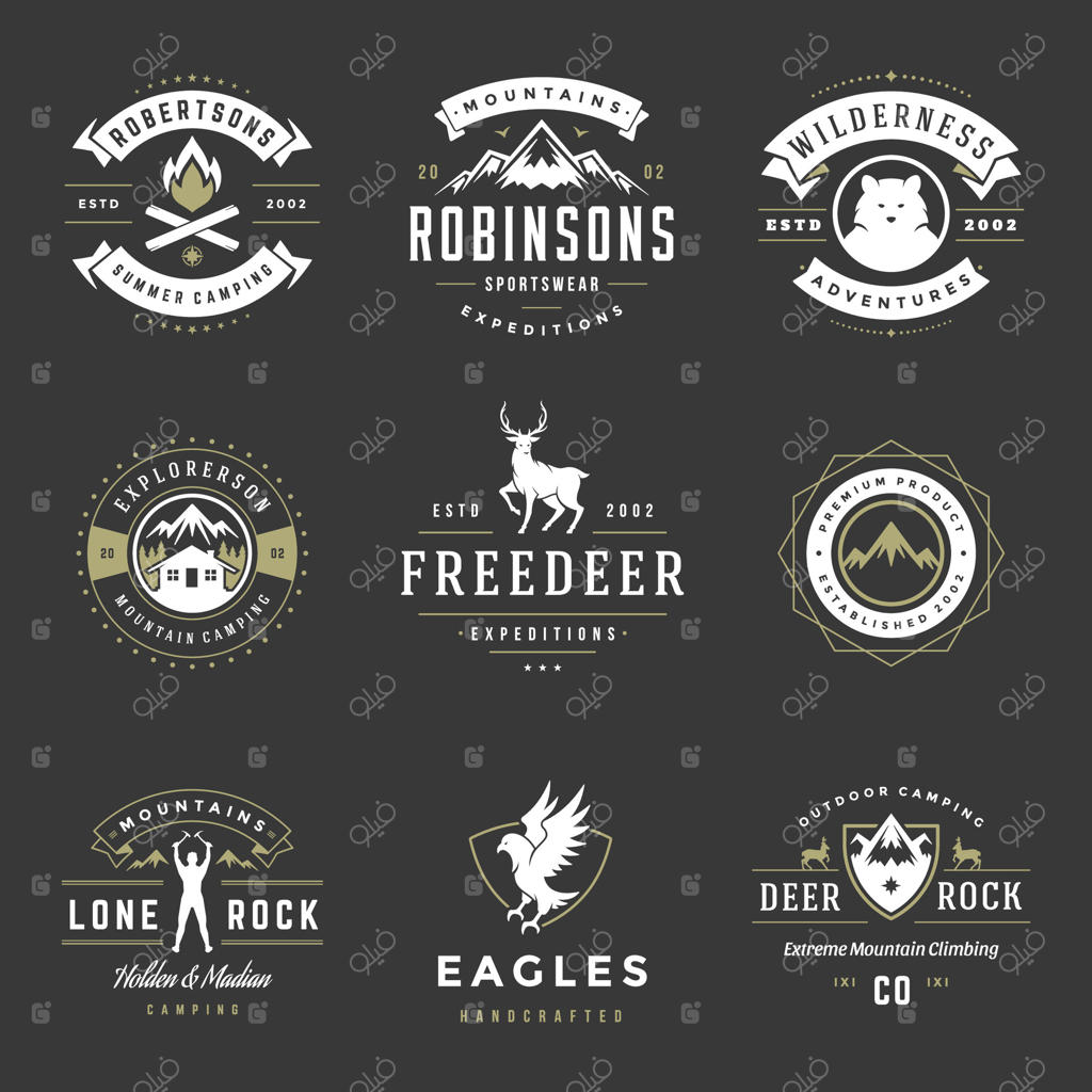 مجموعه الگوها و عناصر طراحی لوگوی کمپینگ و سیلوئت‌ها