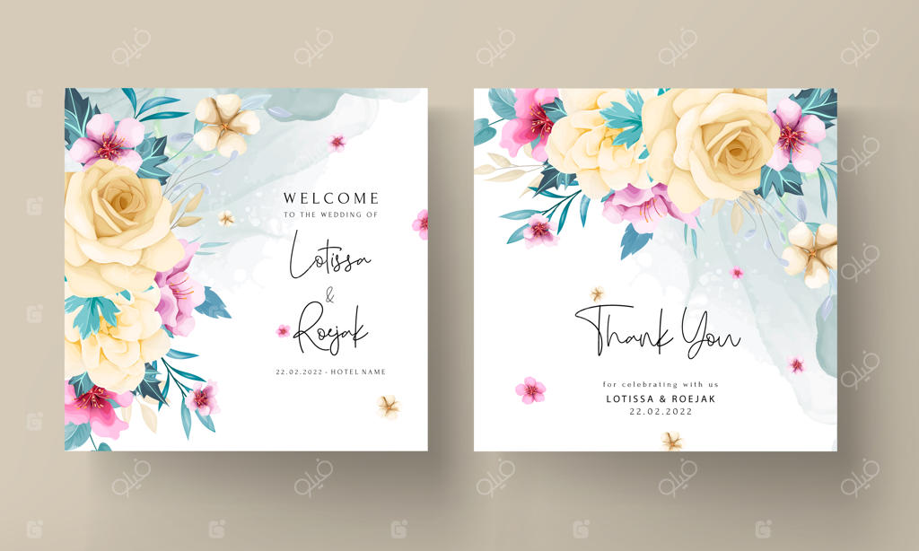 ست کارت دعوت عروسی با طراحی دستی گل‌های زیبا