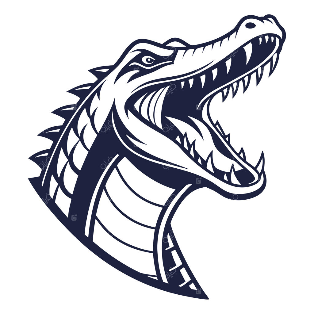 سر ترسناک تمساح با دهان باز، نمایش دندان‌های تیز و ظاهری وحشی، ترسیم شده با خطوط ضخیم.