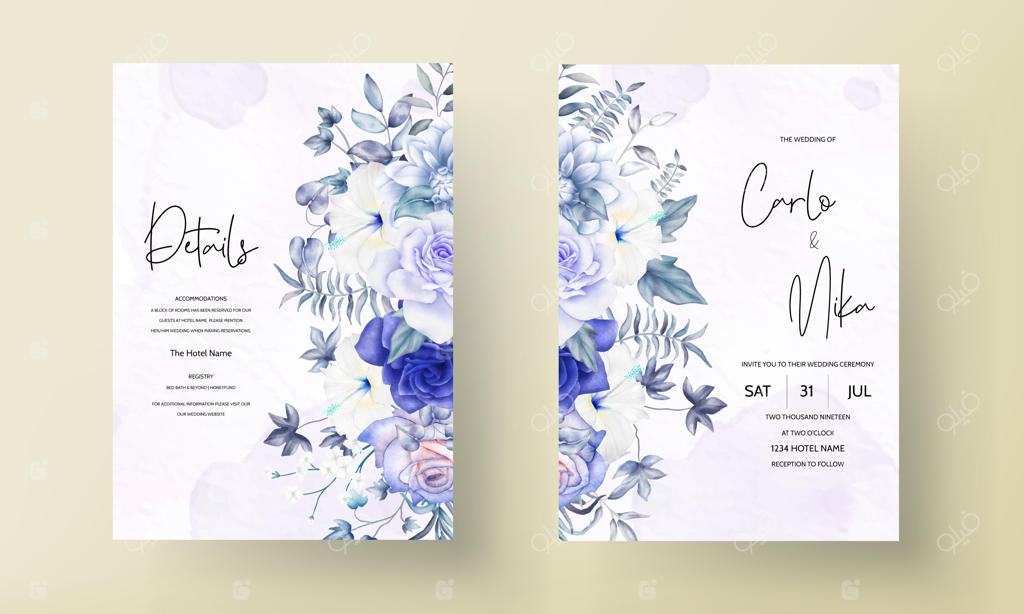 کارت دعوت عروسی کلاسیک با طرح گل‌های آبرنگی زیبا