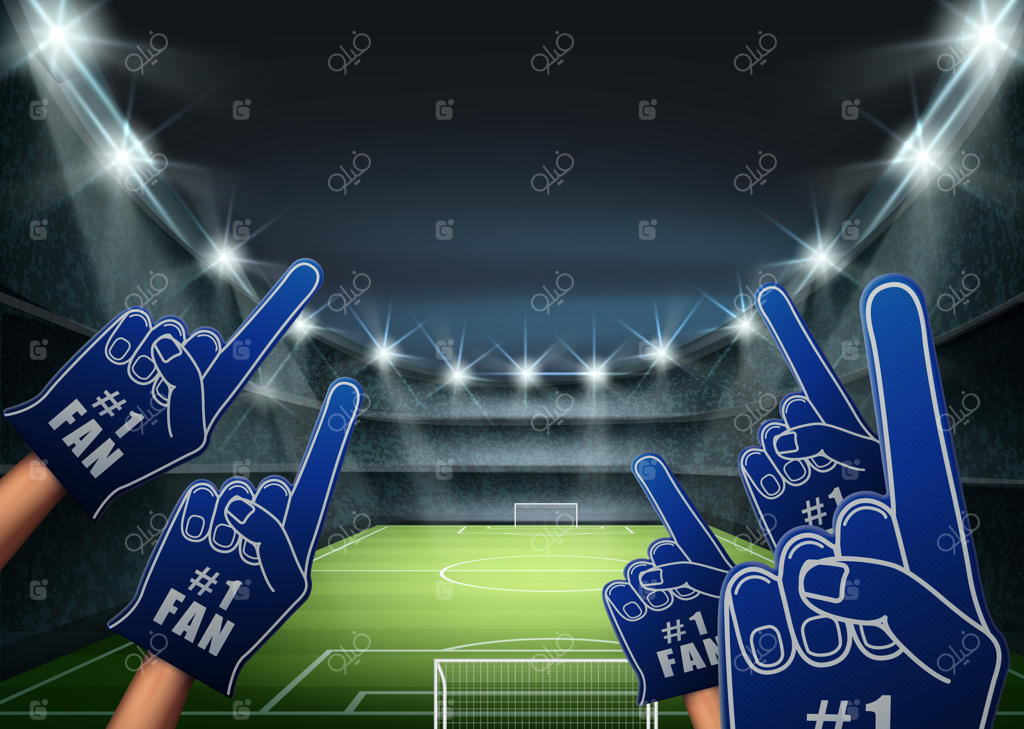 تصویری از هواداران در تریبون با نورپردازی روشن بر روی زمین فوتبال سبز