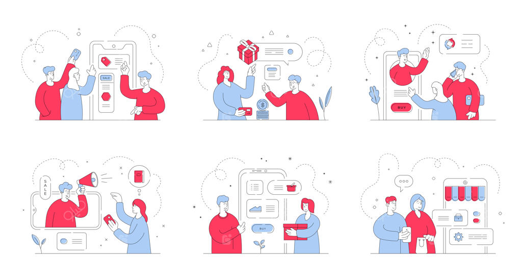 مجموعه‌ای از تصاویر مردان و زنان مدرن در حال استفاده از گوشی‌های هوشمند و ارتباط با مدیران در جستجوی پیشنهادات خوب در فروشگاه‌های آنلاین. سبک تصویرسازی، هنر خطی نازک.