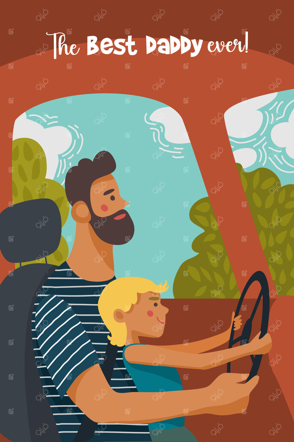 طراحی کارت روز پدر: پدر در حال راهنمایی پسرش برای رانندگی ماشین.