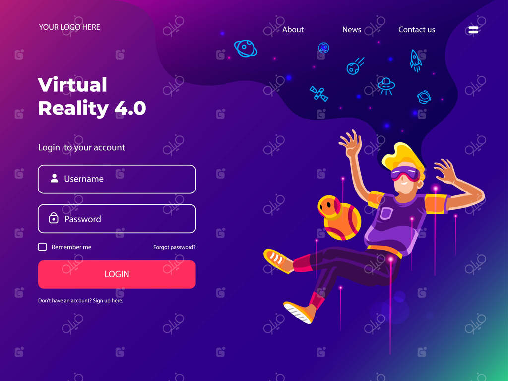 جوانی در حال بازی با واقعیت مجازی برای قالب وب و صفحه فرود.