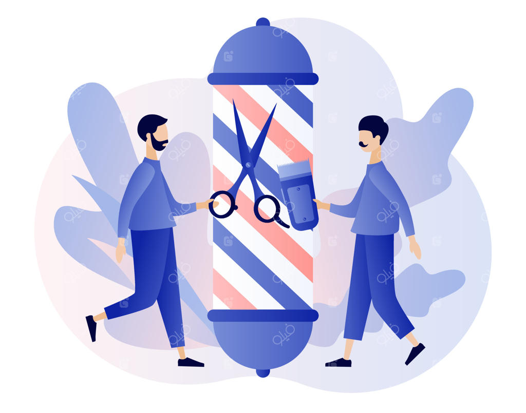 آرایشگاه: پیرایشگاه مردانه و خدمات اصلاح مو و ریش.  کوتاهی مو، اصلاح و اصلاح ریش. سالن مردانه. سبک مدرن و کارتونی.  تصویرسازی وکتور بر روی زمینه سفید.