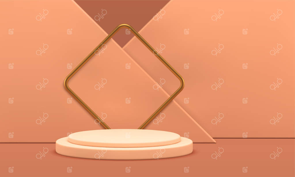 پودیوم و سکوی هندسی بژ با پس‌زمینه سه‌بعدی و قاب لوزی و دیوار مثلثی در وکتور