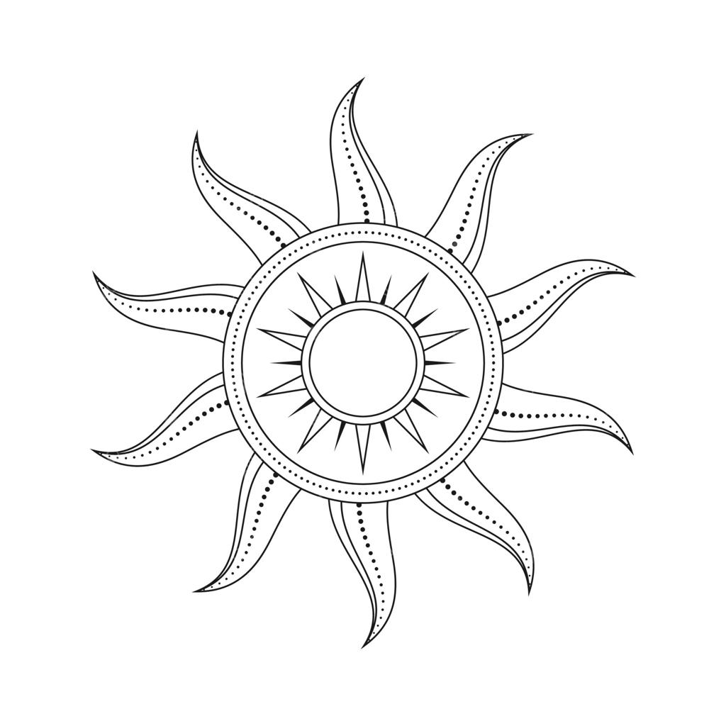 تصویر وکتور خورشید کیهانی انتزاعی: نماد عرفانی خورشید با پرتوهای درخشان. طلسم جادویی به سبک قبیله‌ای قدیمی، بوهو، تتو، چاپ هنری، تاروت