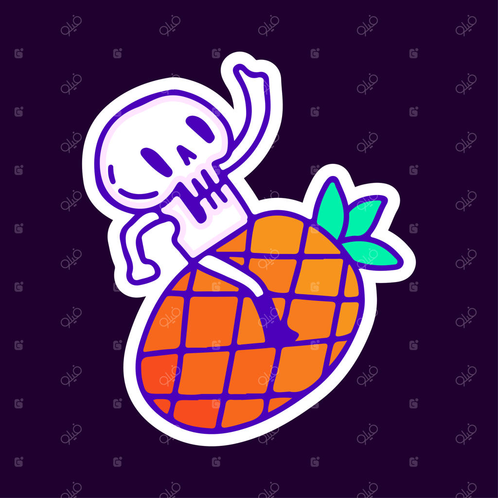 جمجمه سوار بر آناناس - طراحی کارتونی برای تیشرت، استیکر یا محصولات پوشاکی.