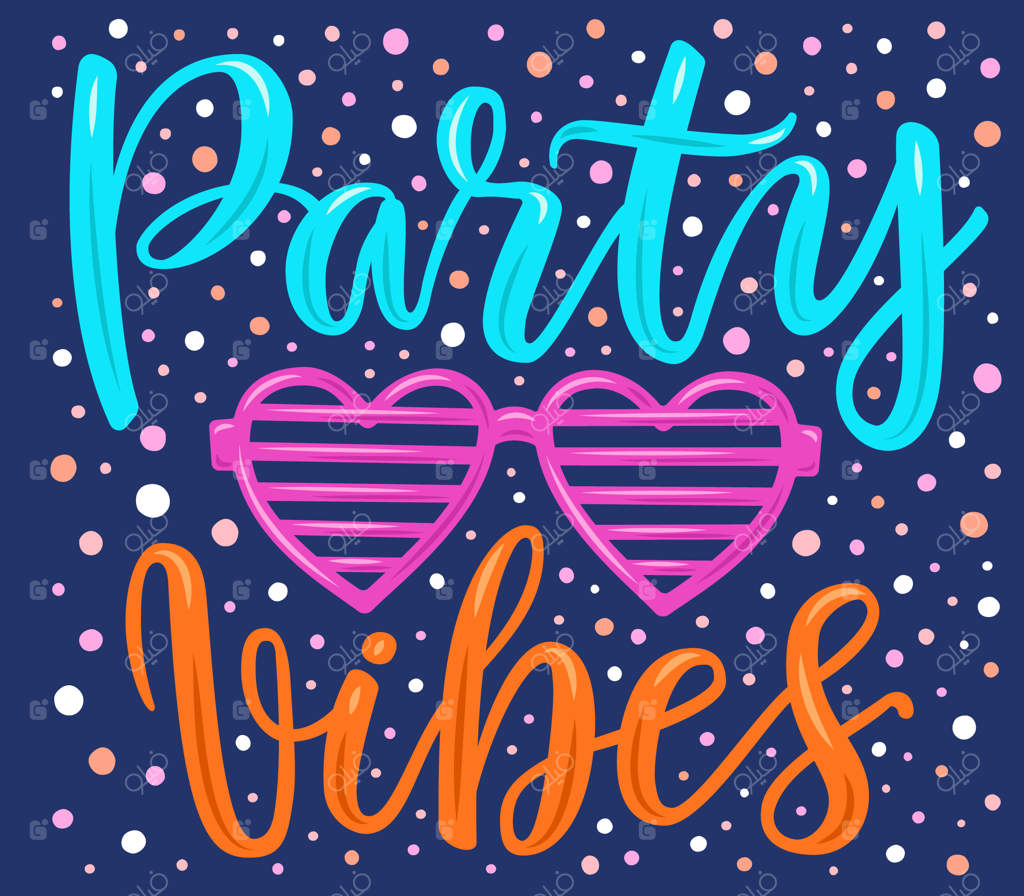 پوستری با طرح دست‌نویس و عبارتی با حال و هوای مهمانی و عینک قلبی صورتی.