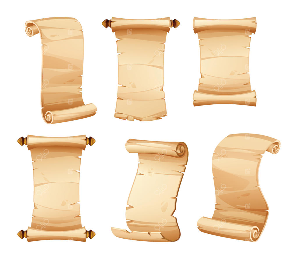 مجموعه‌ای از طومارهای پوستی در اندازه‌ها و چیدمان‌های مختلف. کاغذ کلاسیک خالی. تصویرسازی کارتونی