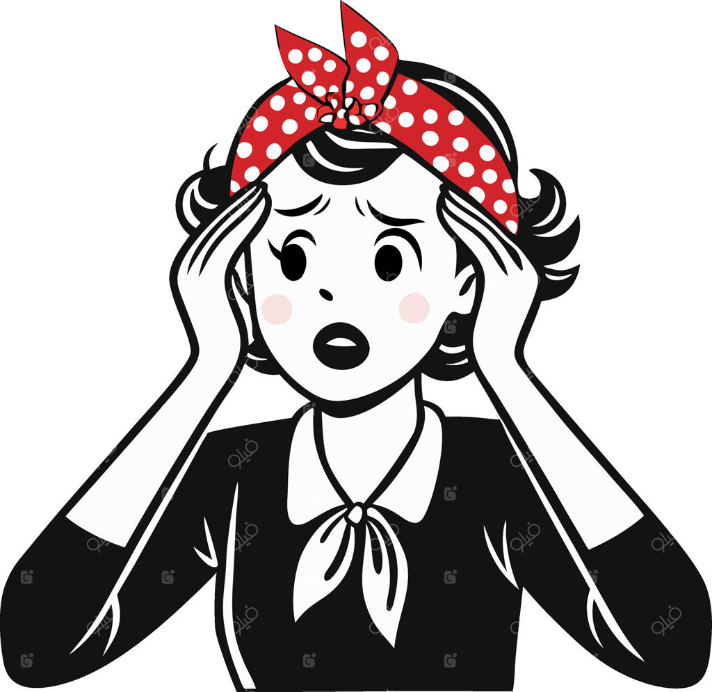 زن با استایل وینتیج و هدبند قرمز خال‌خالی با چهره‌ای مضطرب و نگران، مناسب برای طراحی