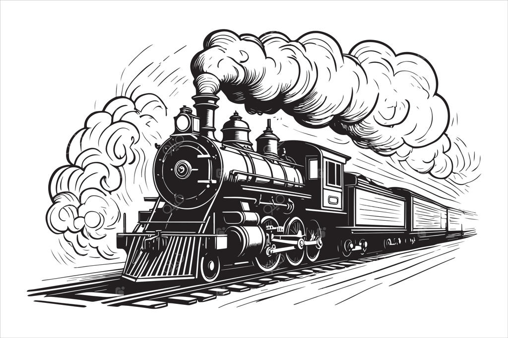 تصویر سیاه و سفید لوکوموتیو بخار با دود غلیظ