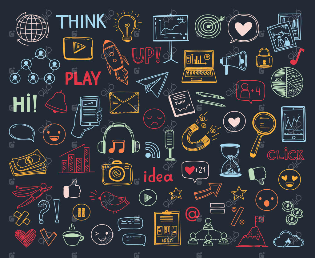 مجموعه‌ای از طراحی‌های شبکه‌های اجتماعی: آیکون‌های وبلاگ‌نویسی، نمادهای بازاریابی، عناصر فناوری دیجیتال و برنامه‌ریزی دقیق پست‌ها به صورت وکتور