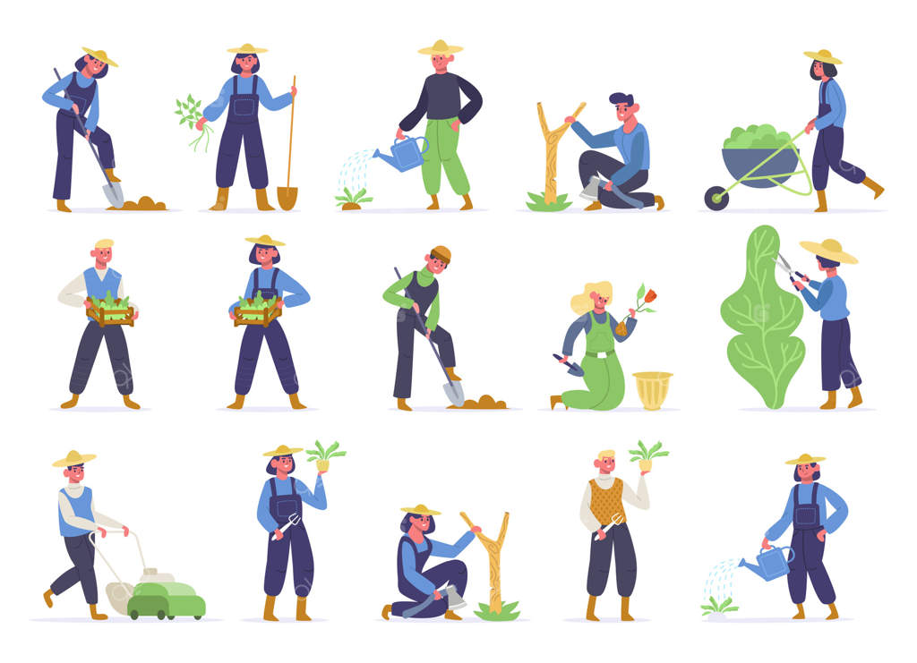 مجموعه‌ای از کارگران باغ با ابزارهای باغبانی