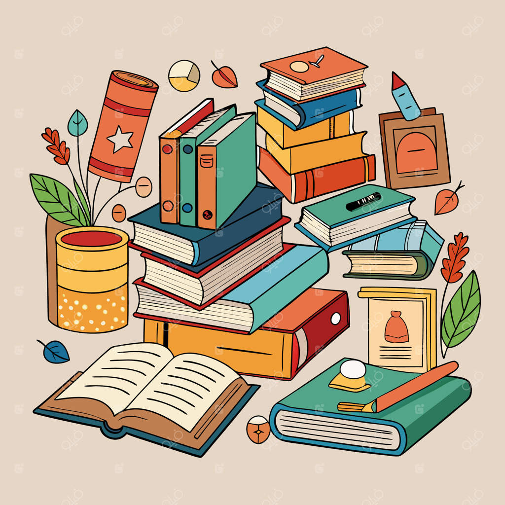 تصویرسازی خلاقانه و رنگارنگ آموزشی با کتاب‌ها و لوازم تحریر مدرسه