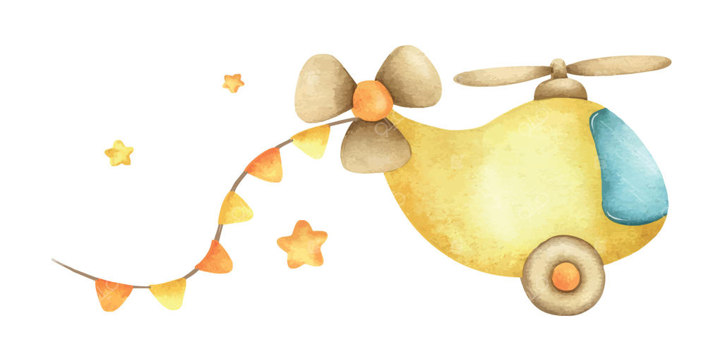 هلیکوپتر زرد کودکان، رشته‌ای از پرچم‌ها و ستاره‌ها. تصویرسازی آبرنگی دست‌کشیده از حمل و نقل هوایی. طراحی بامزه هواپیمای کودکانه برای کارت‌های جشن نوزادی و تولد، پوسترها.