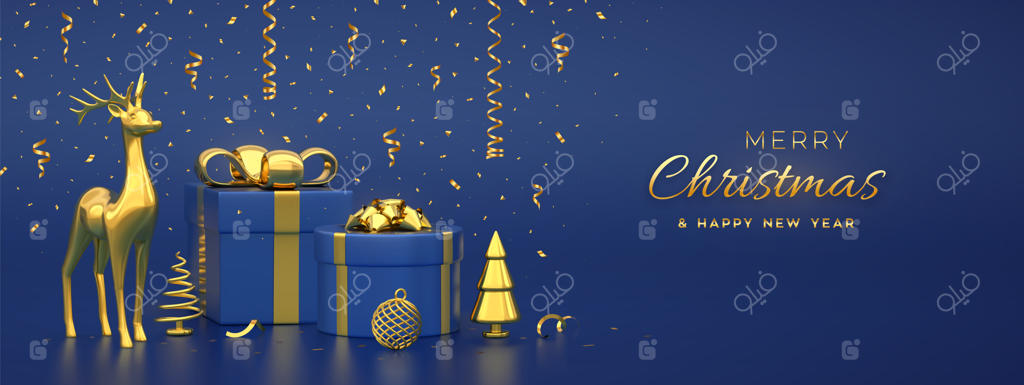 تصویر بنر کریسمس با جعبه‌های هدیه و پاپیون‌های طلایی، گوزن طلایی و درختان کاج متالیک طلایی، پس‌زمینه توپ‌های کریسمس برای کارت تبریک وکتور سه‌بعدی
