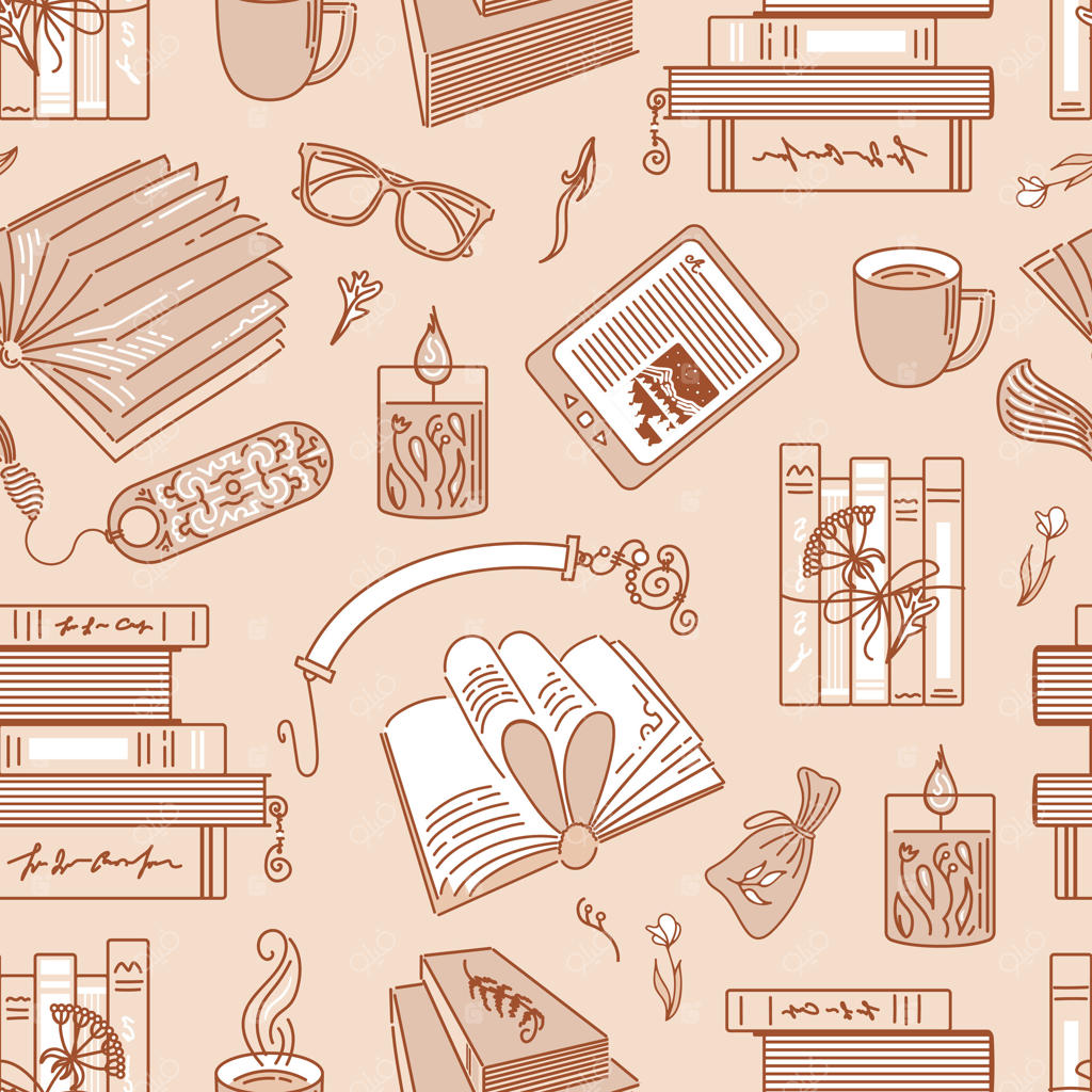 طرح مفهومی برای دوستداران مطالعه؛ پترن بدون درز قهوه و کتاب. کتاب الکترونیک همراه با فنجان، منظره کوهستانی، دسته کتاب و نشانگر سیمی. طراحی به سبک دودل (Doodle). مناسب برای کارت پستال، پوستر، طراحی وب و کتابخانه.