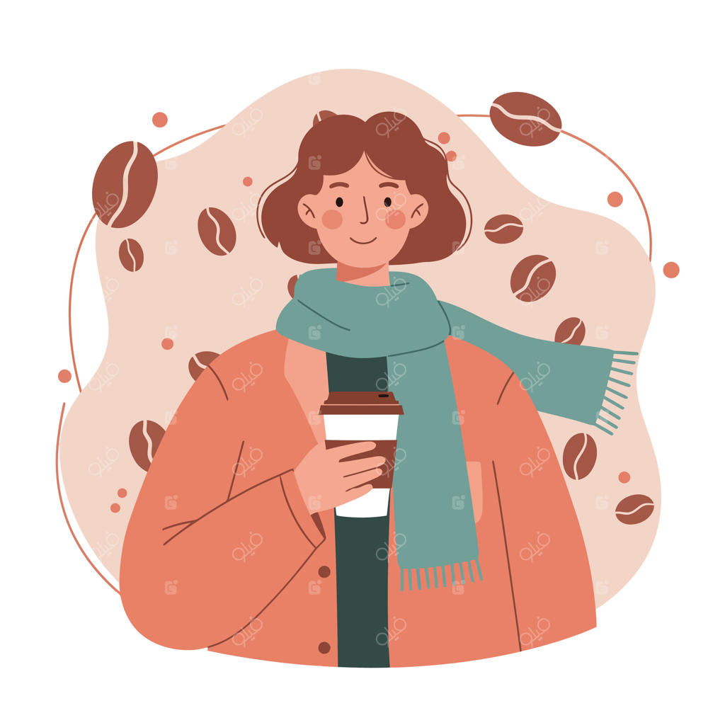 زنی با شال و کت در حال لذت بردن از قهوه با طرح دانه‌های قهوه اطرافش