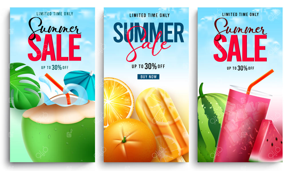 طراحی پوستر وکتور فروش تابستانی با متن فروش تابستانه و عناصر میوه و نوشیدنی‌ها در تعداد محدود