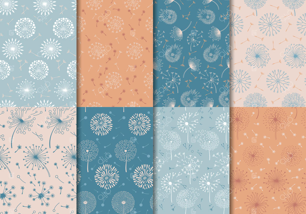 طرح‌های بدون درز قاصدک: چاپ گرافیکی طبیعت با گل‌های بهاری. پکیج والپیپر بوهو با قاصدک‌های در حال پراکنده شدن در باد