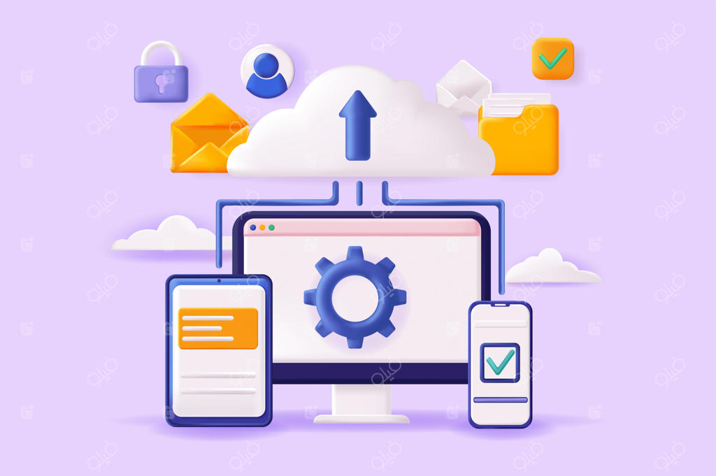 رایانش ابری: تصویرسازی سه‌بعدی - ذخیره‌سازی، تبادل و انتقال داده‌ها بین دستگاه‌های مختلف، تصویرسازی وکتوری رایانش ابری برای طراحی بنر وب مدرن