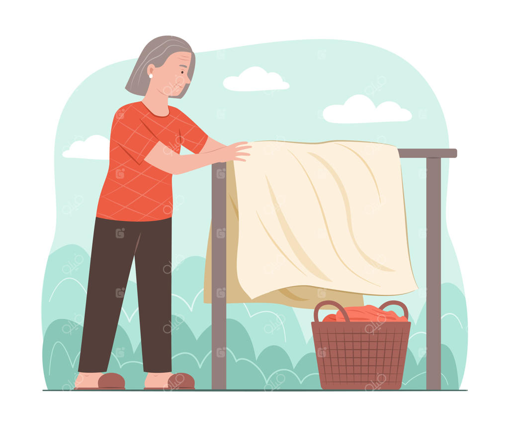 پیرزن در حال خشک کردن لباس‌ها بر روی بند رخت در باغ