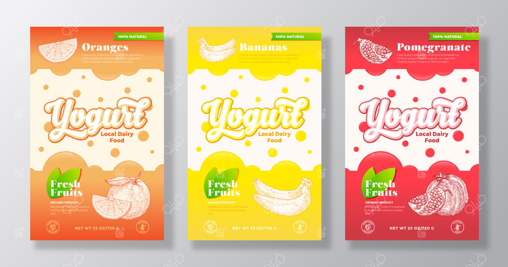 مجموعه قالب‌های برچسب ماست میوه‌ها و توت‌ها: طراحی بسته‌بندی لبنیات با طرح‌های انتزاعی. بنر مدرن با پس‌زمینه نقاشی دست‌کشیده پرتقال، موز و انار. جداگانه
