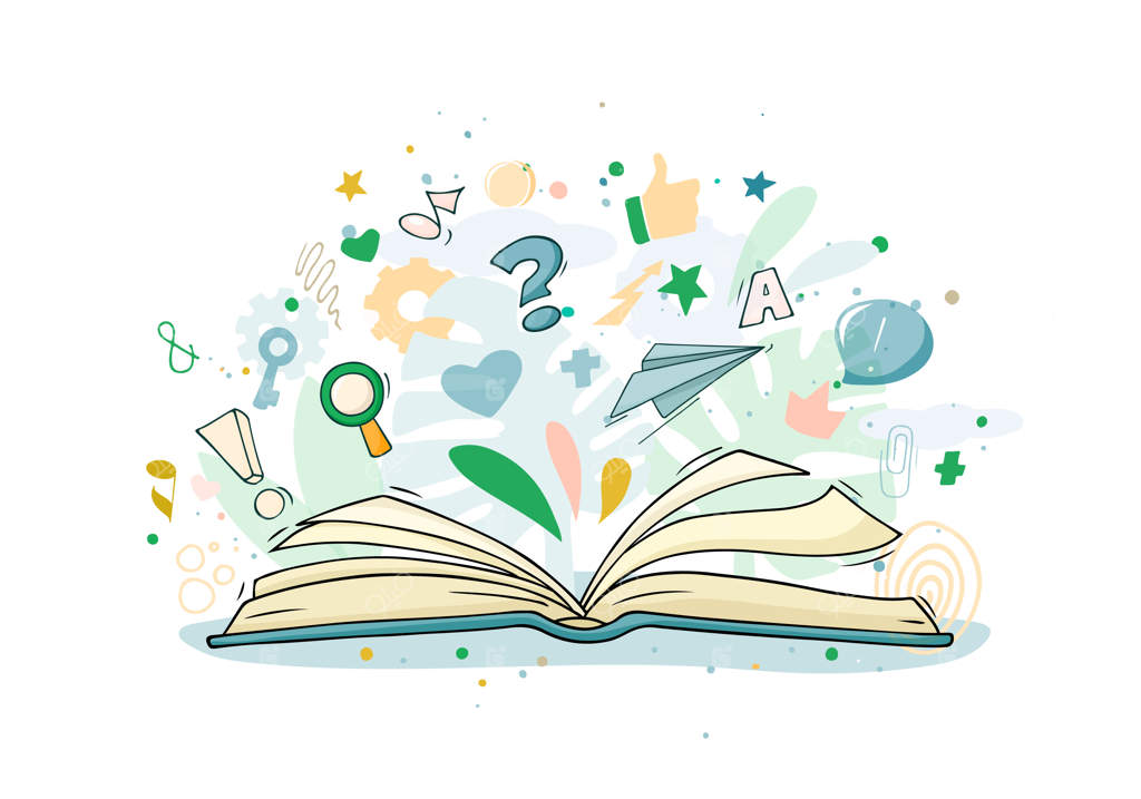 طرح کتاب باز با نمادهای مختلف اطراف آن