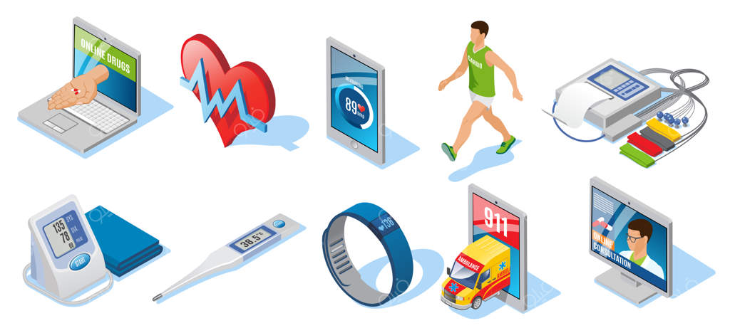 مجموعه پزشکی دیجیتال ایزومتریک با برنامه‌های نظارت بر سلامتی، تمرینات قلبی، دماسنج الکترونیکی، دستبند هوشمند و مشاوره آنلاین