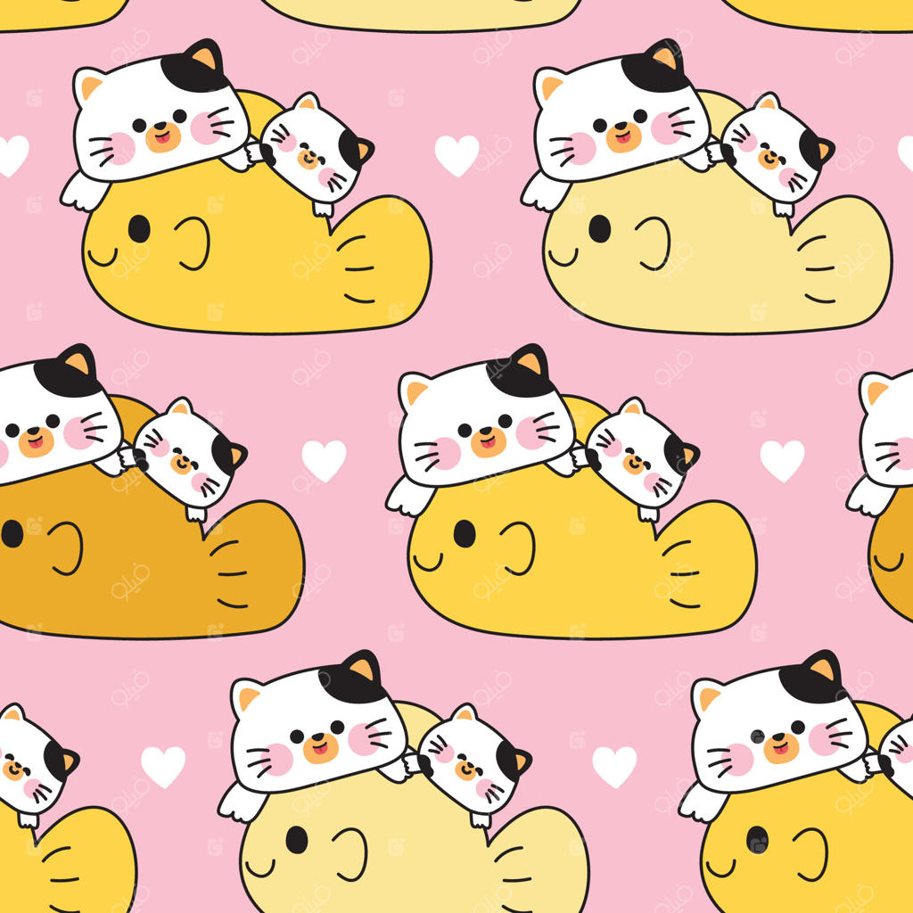 طرح یکپارچه از گربه مادر و بچه‌گربه‌های بامزه روی ماهی بزرگ با پس‌زمینه قلب. بچه‌گربه. میو. روز مادر. عشق. شخصیت کارتونی حیوان خانگی. کاوایی. تصویرسازی.